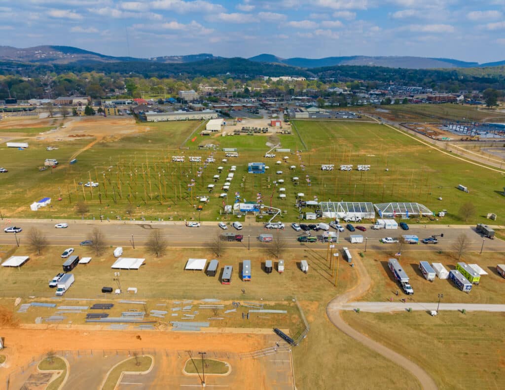 Aerial of McMichael Waste Services event sanitation at an outdoor event in Huntsville, Alabama