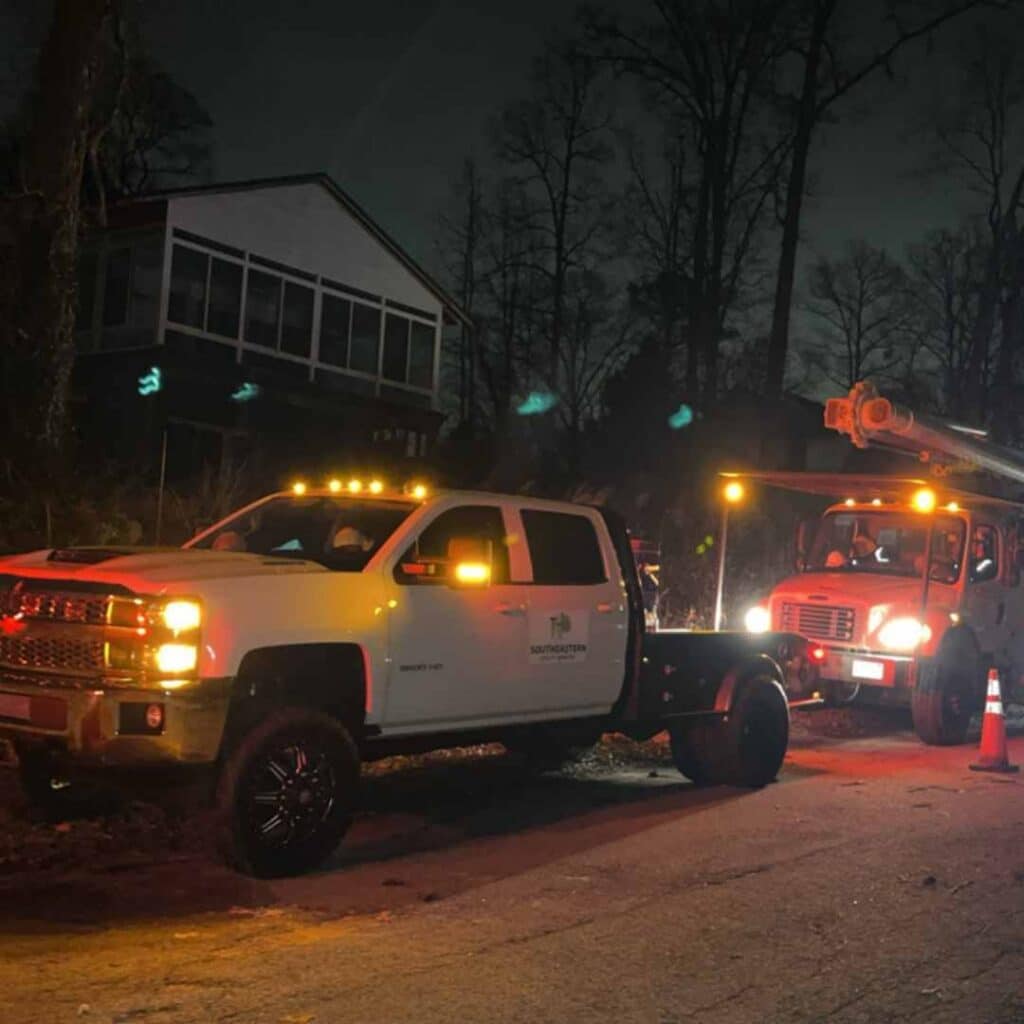 Storm response crew with trucks and light bars working at night in Alabama