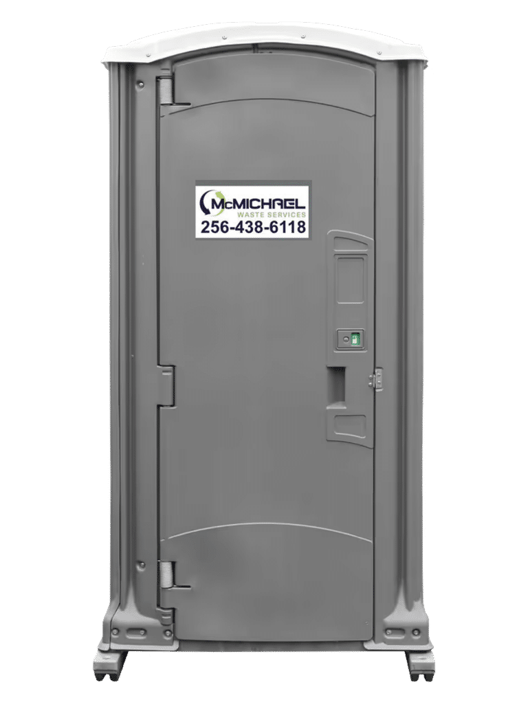 McMichael Waste Services deluxe flushing portable toilet with foot-pump flush and interior hand sink