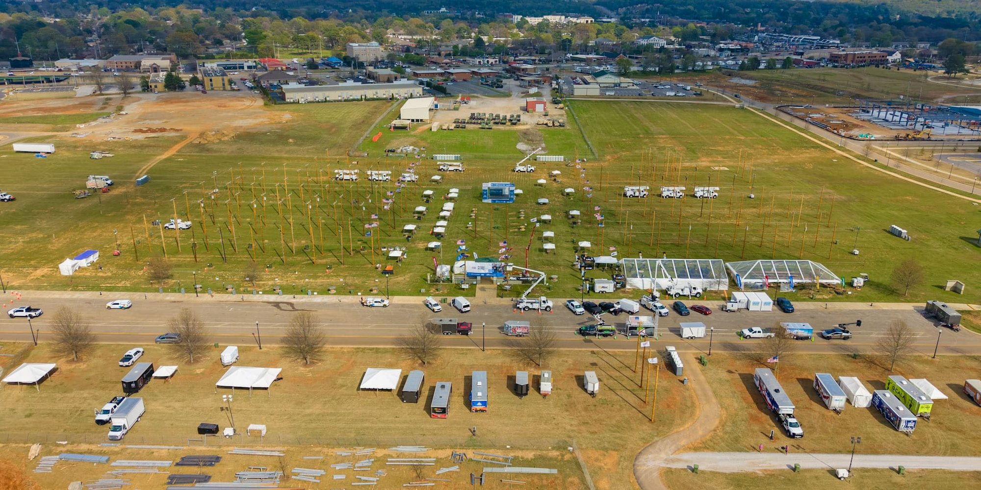 Aerial view of a large outdoor event in Huntsville, Alabama serviced by McMichael Waste Services