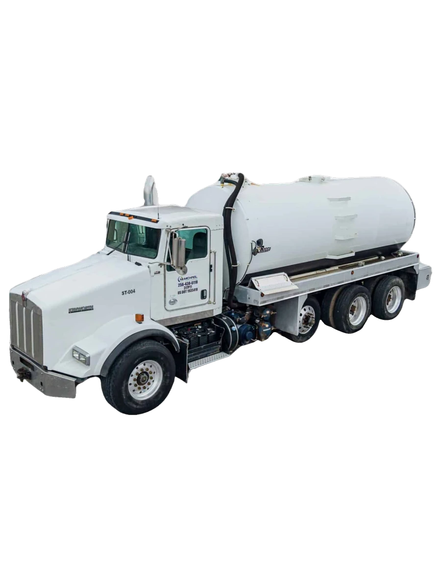 McMichael Waste Services tri-axle vacuum tanker truck with pump gear and suction hose