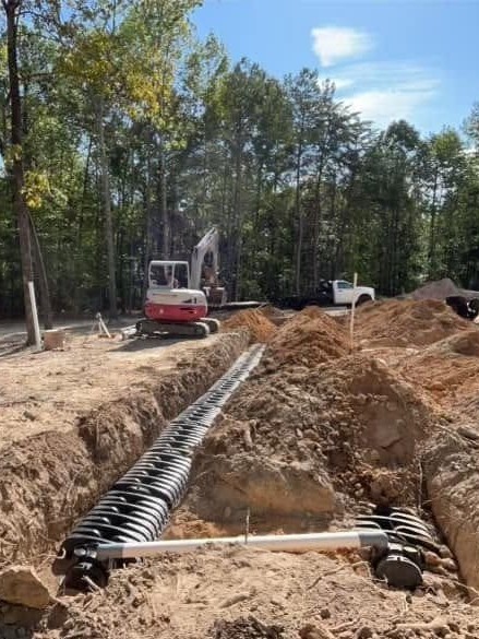 Septic drain field with infiltrator chambers installed for new construction in Alabama