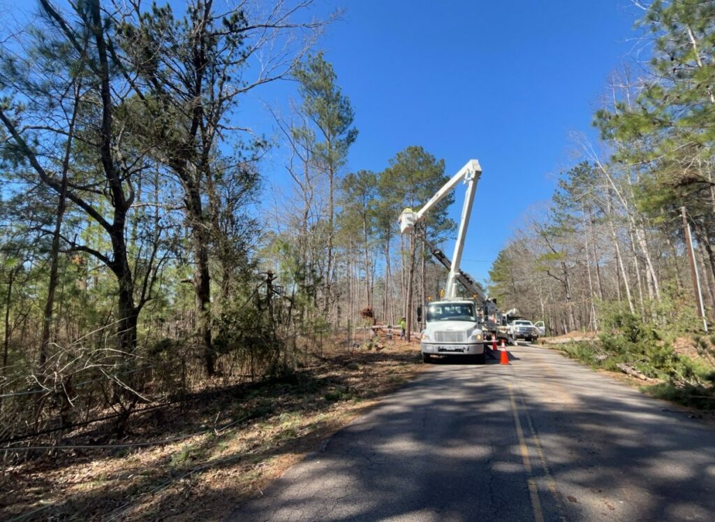 Bucket truck working along a storm-damaged road lined with downed trees